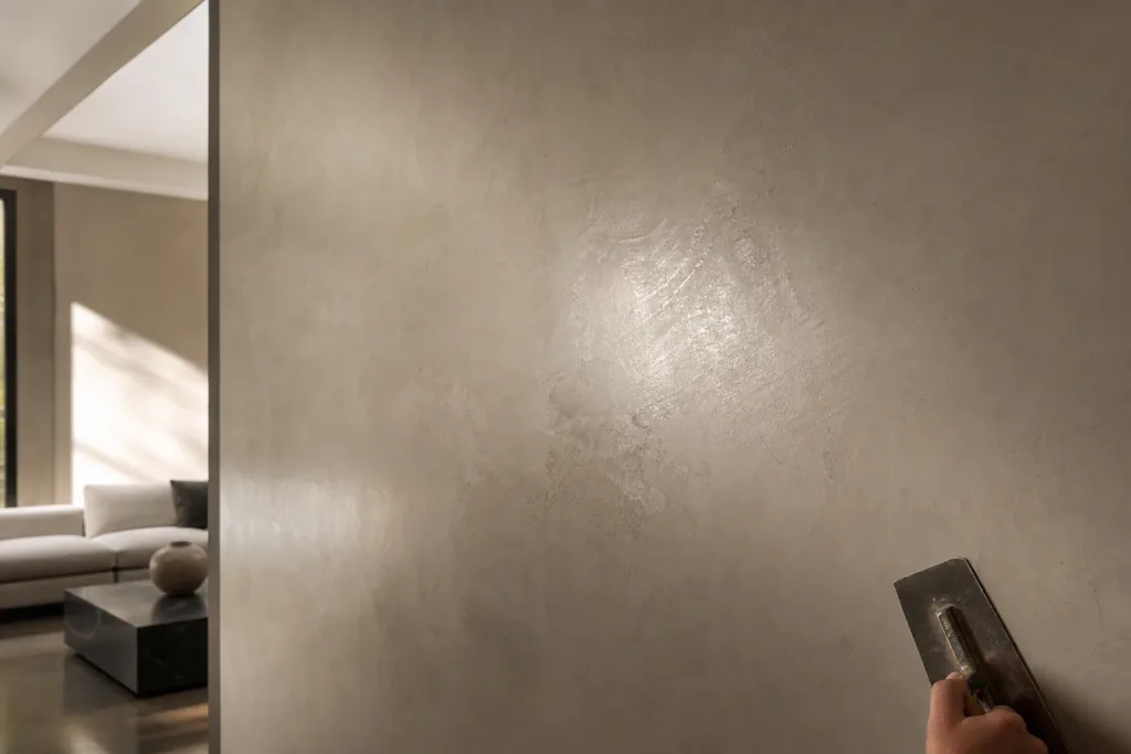 Hand-troweled Venetian plaster feature wall with luminous depth