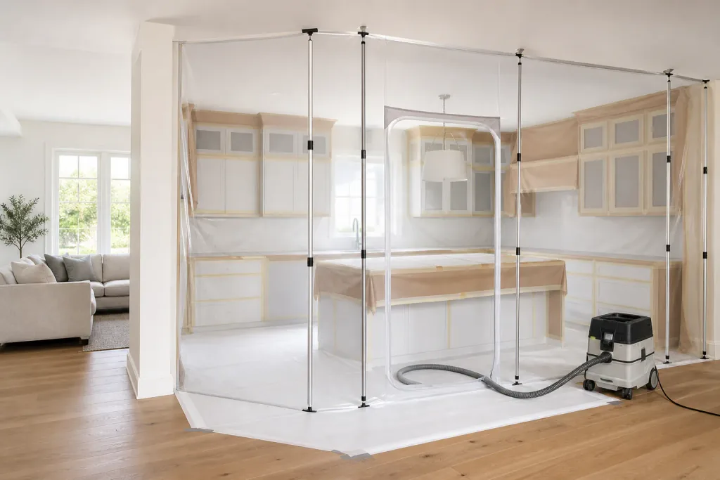 Kitchen cabinet-painting workspace protected by a clear dust barrier and floor covering