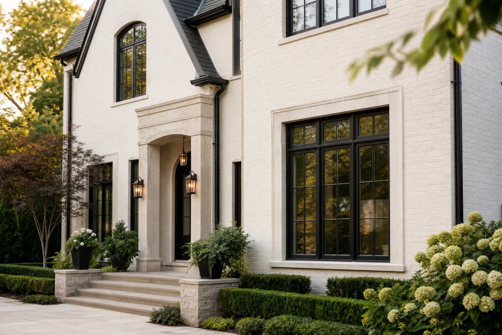 Warm white stained brick home with crisp charcoal trim
