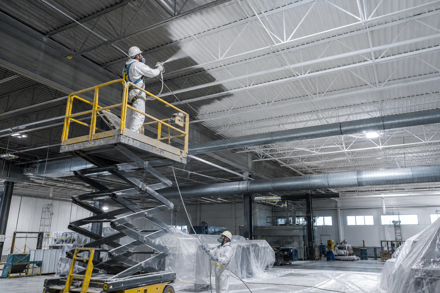 Commercial painter spray-coating an industrial warehouse ceiling white from a scissor lift