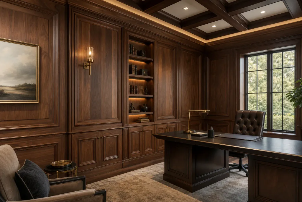 Luxury wood-panelled executive office with walnut built-ins, coffered ceiling, and library shelving