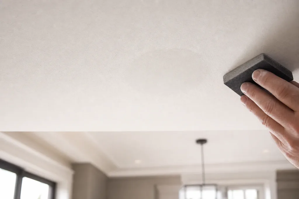 Ceiling being sanded smooth before painting around recessed lighting