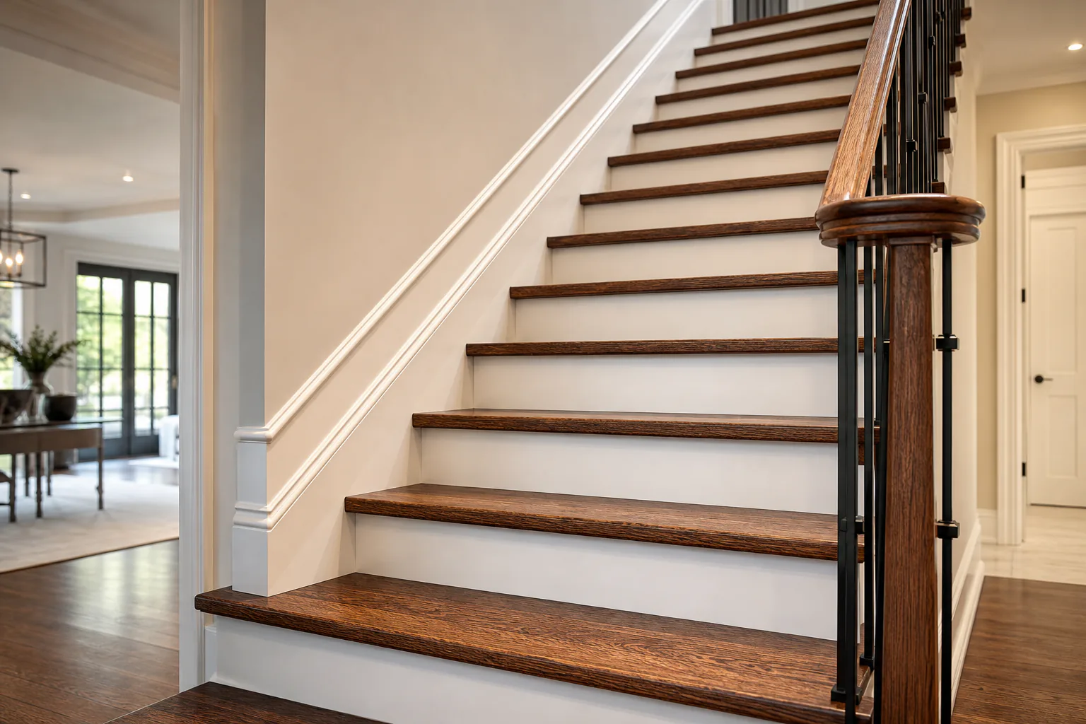 Refinished hardwood staircase with rich, even stain