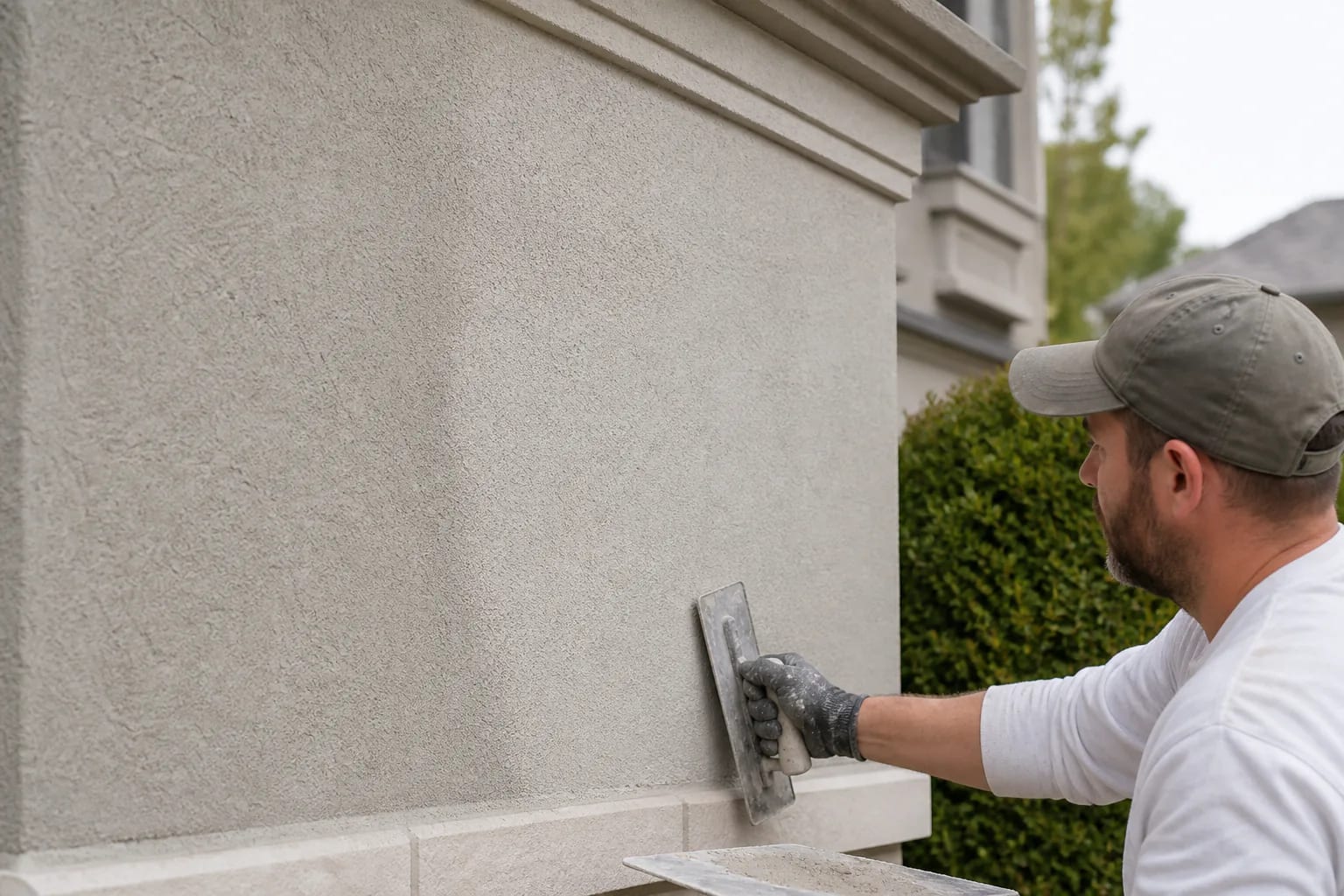 Matched stucco texture being restored on an exterior wall