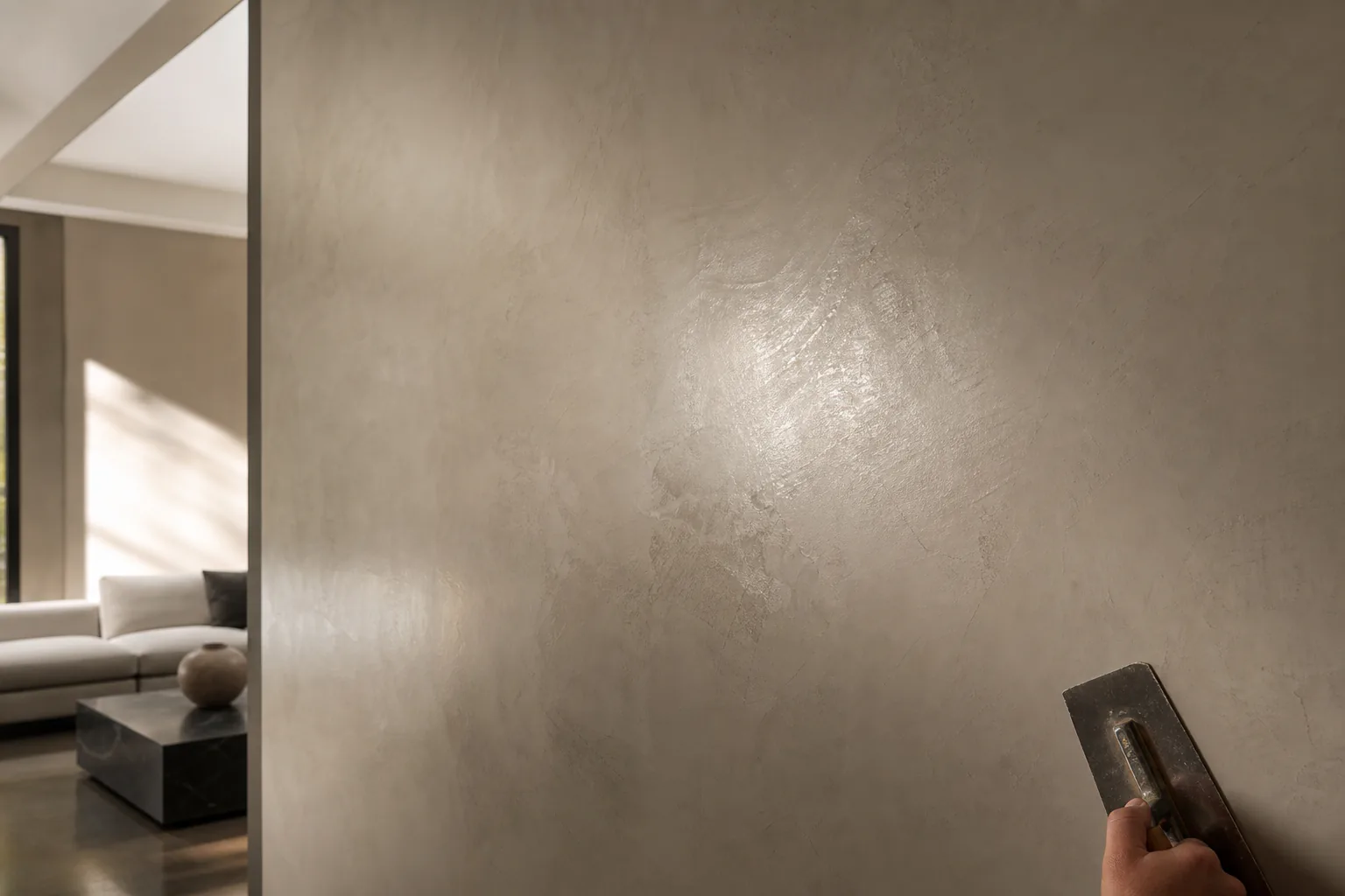 Hand-troweled Venetian plaster feature wall with luminous depth
