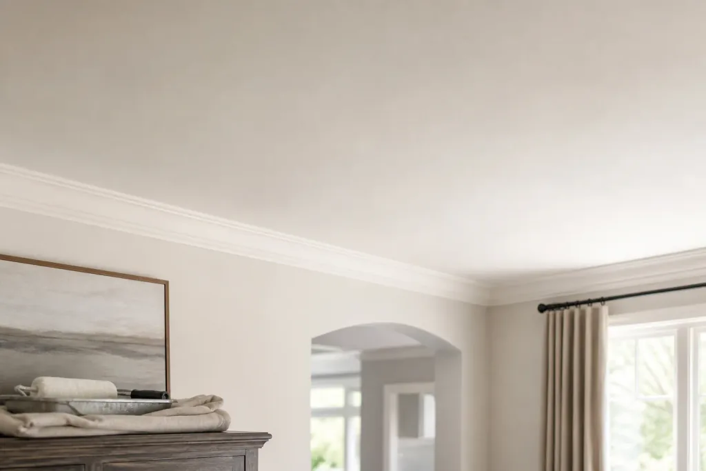 Repaired and repainted ceiling blending into a bright residential room