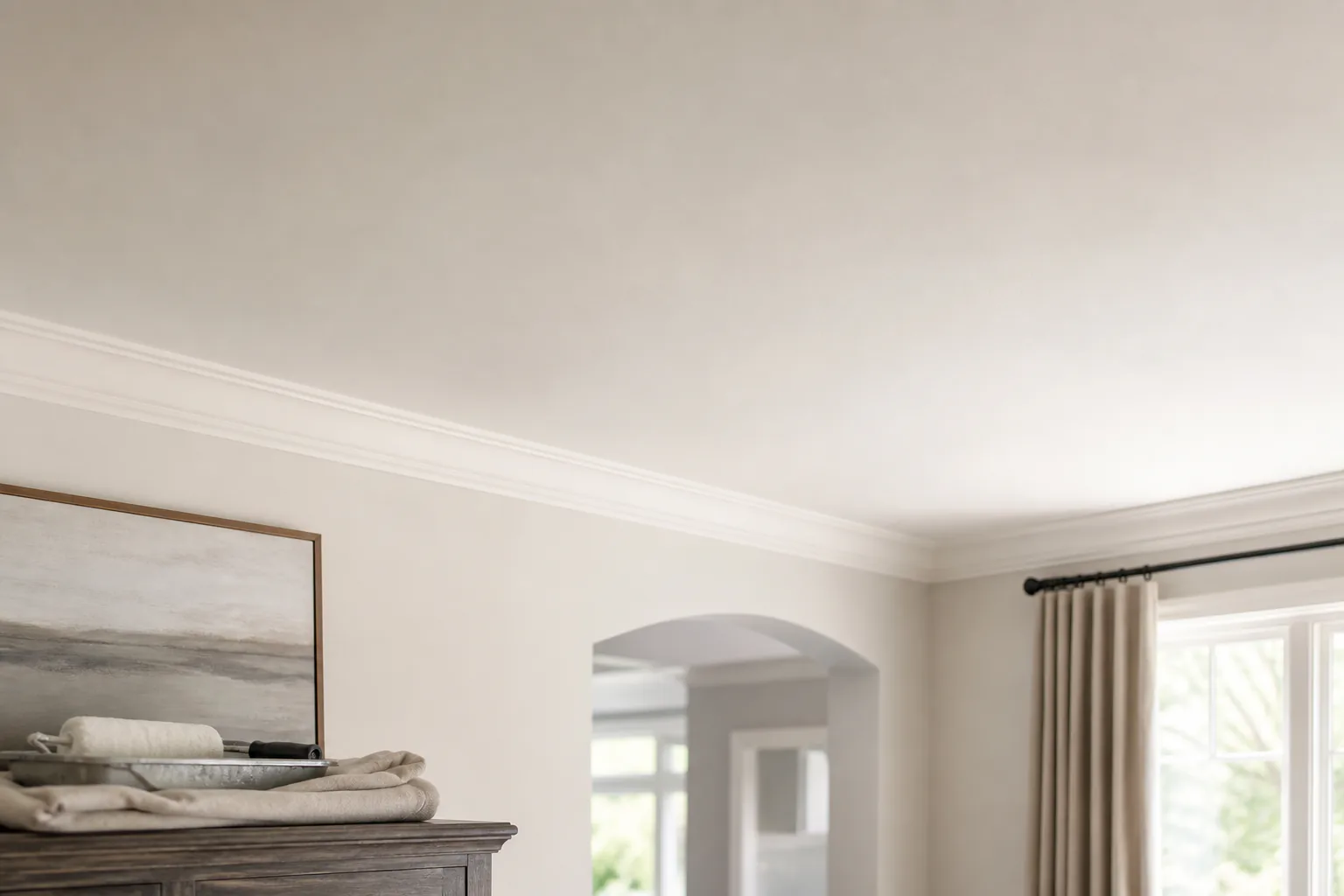 Repaired and repainted ceiling blending into a bright residential room