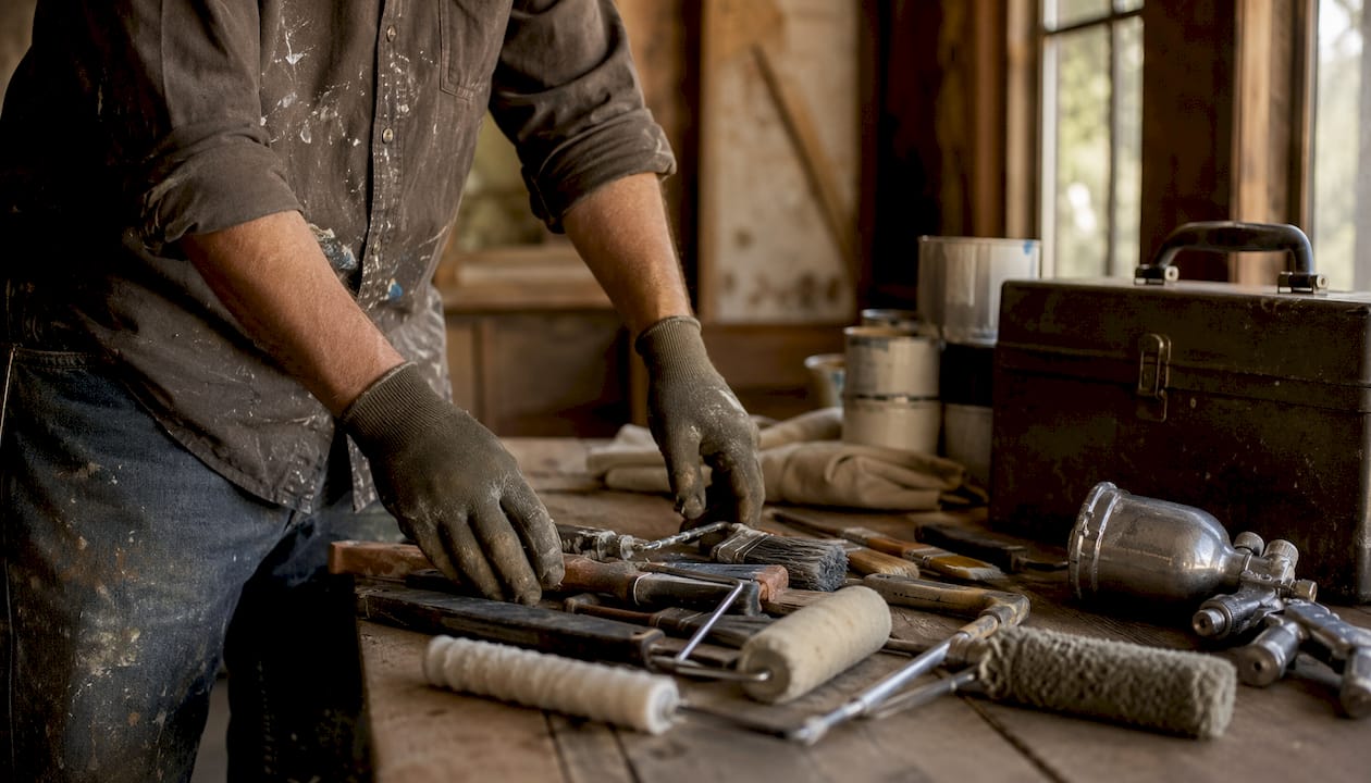 Painter organizing insured tools in storage locker