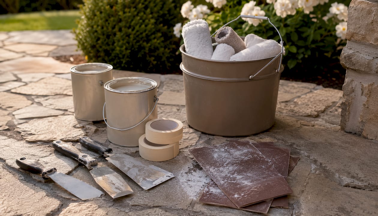 Close-up of exterior painting preparation tools