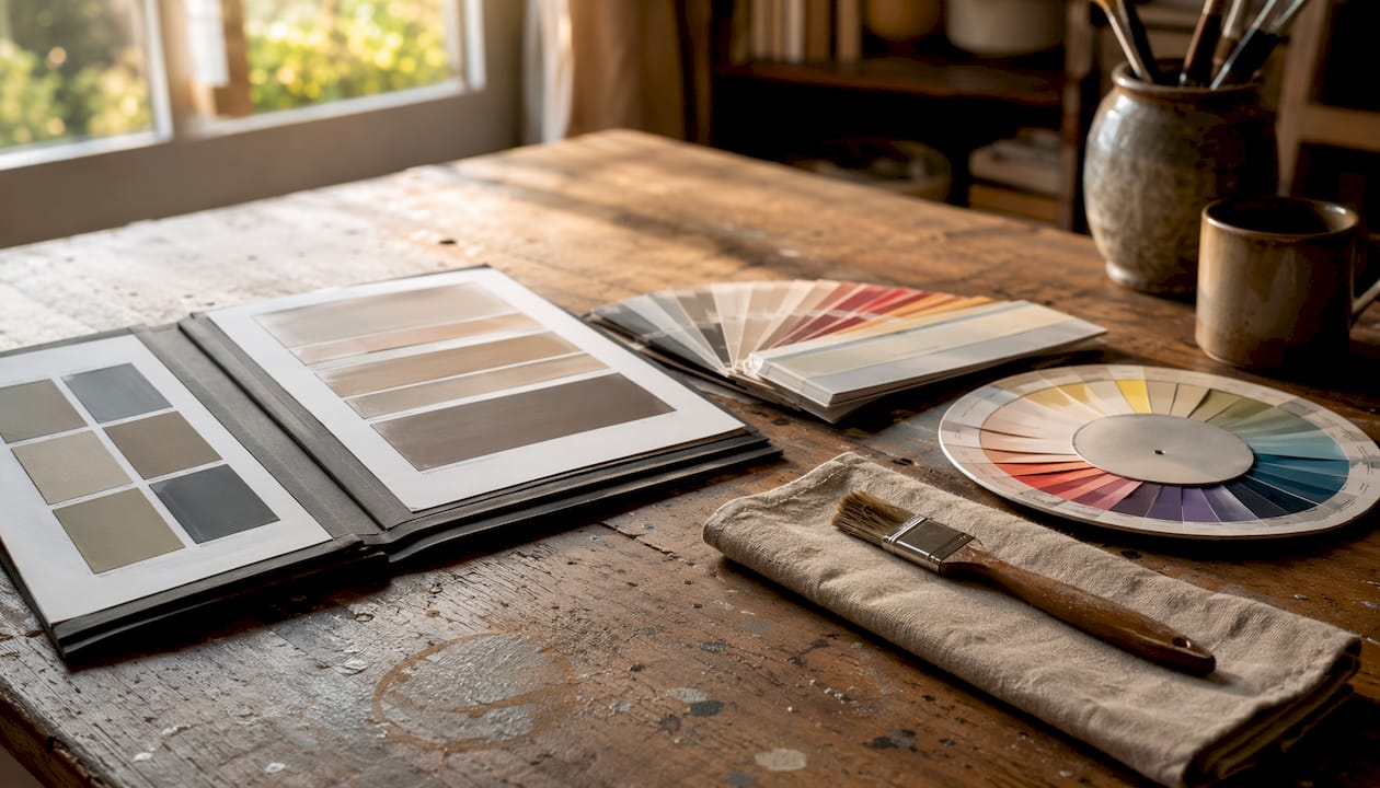 Overhead view of paint consultation materials on desk