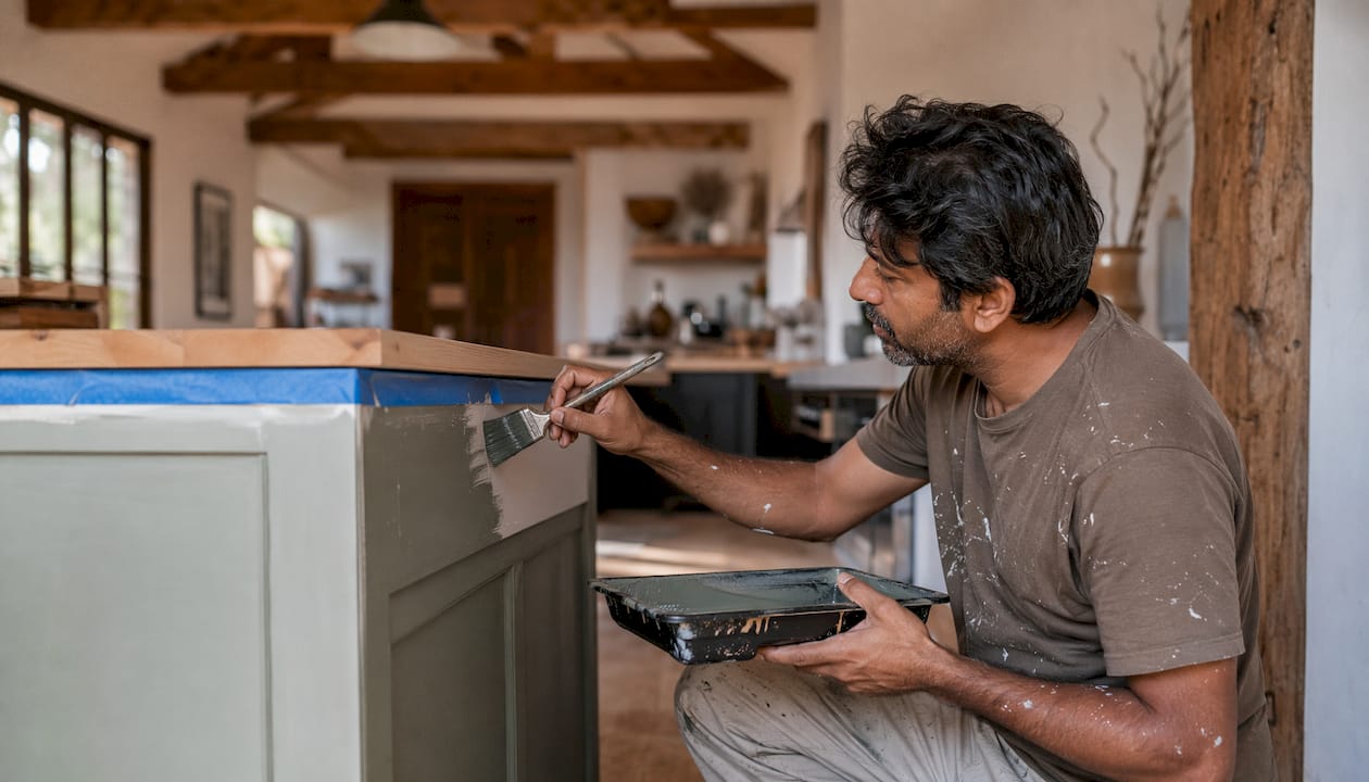 Man painting kitchen island sage green accent