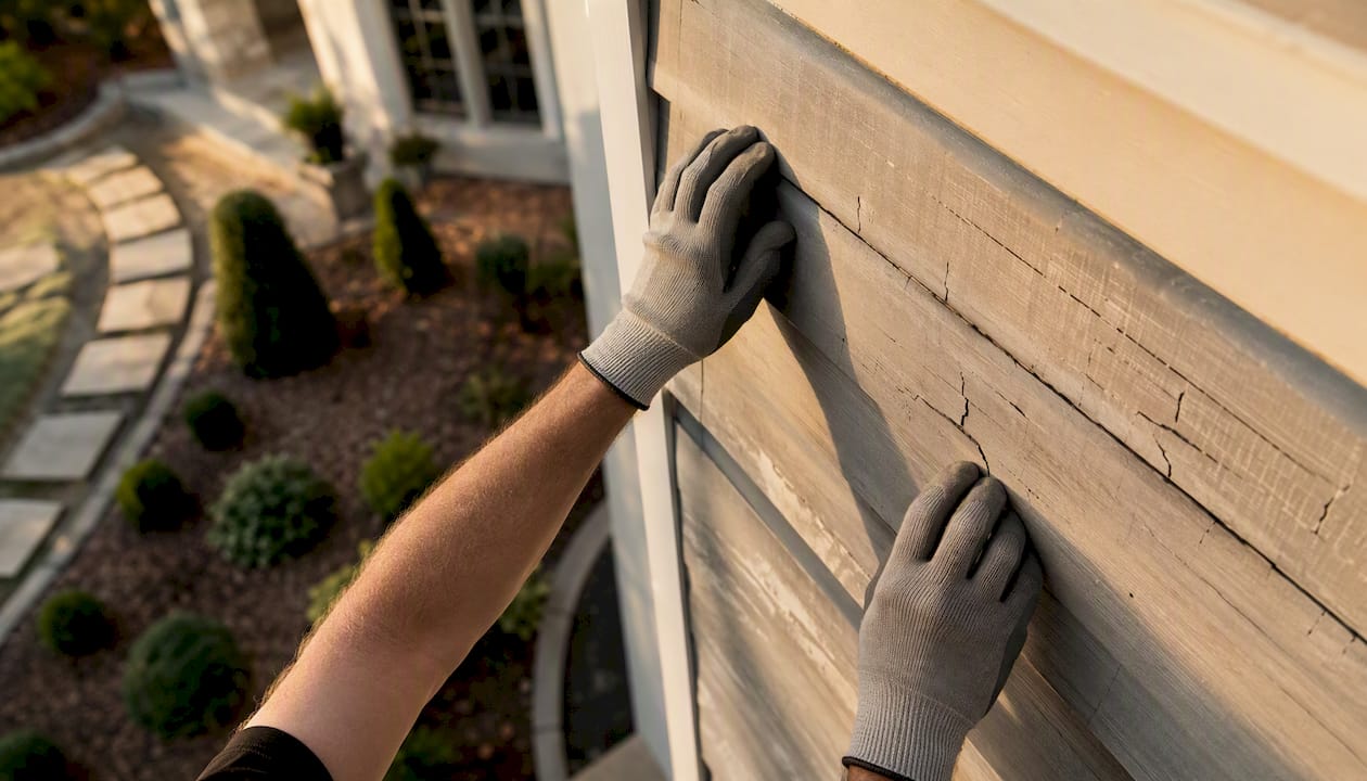 Hands inspecting dried wood siding for damage
